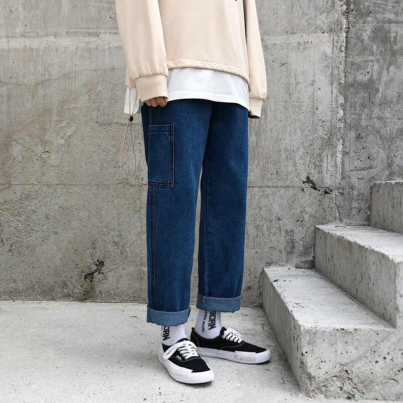Jeans mænd koreansk mode blå jeans haremsbukser herre japansk streetwear denim baggy løse bukser med brede ben plus størrelse 3xl: Blå / L