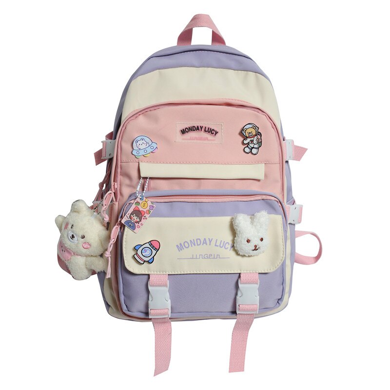 Joypessie Mode Kawaii Schooltas Voor Tiener Waterdichte Nylon Meisjes Bagpack Vrouwen Laptop Rugzak Reistas Zwart Boekentas: purple / with bear pendant