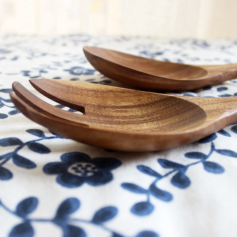 Servidores de ensalada de madera Juego de 4 cubiertos cuchara tenedor cuchara de ensalada de madera, tenedor agitador