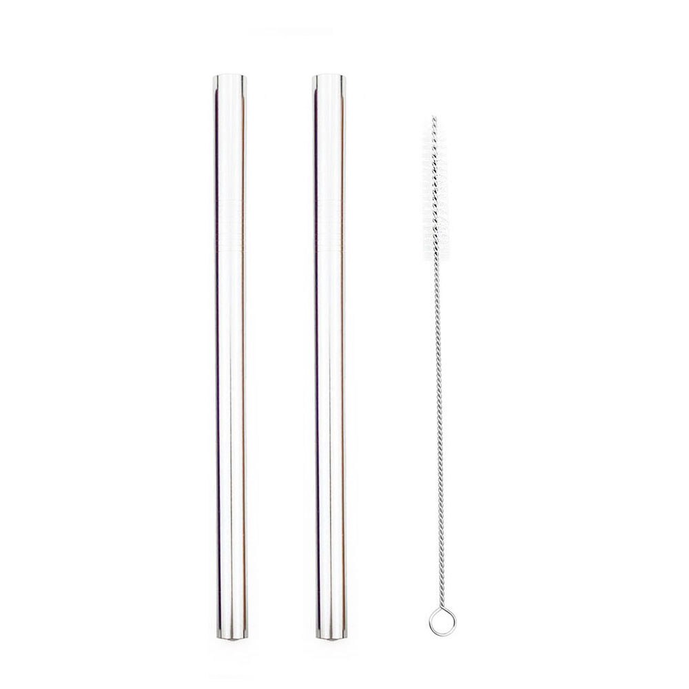 2 stücke Wiederverwendbare Breiten Metall Trinkhalme 12mm Gerade Getränke Stroh mit Reinigung Pinsel Trinken Perle Milchshake blasiert Tee stroh: Silber- eben