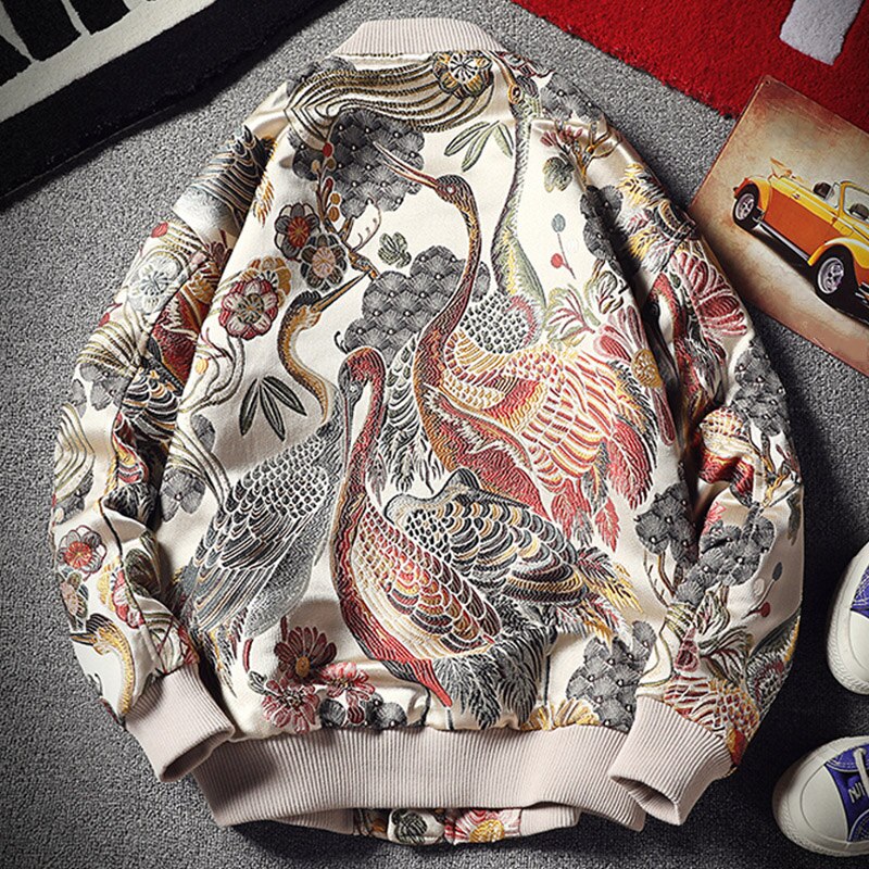 Chaqueta Bomber con bordado Floral y Grulla para hombre, ropa de calle con cuello levantado, estilo japonés, chaquetas de béisbol universitarios, abrigo de otoño