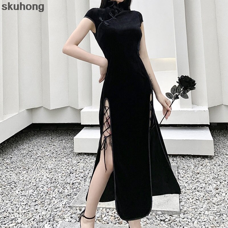 Satijn Gothic Vrouwen Stijl Cheongsam Chinese Traditionele Qipao Split Jurk Retro Elegante Vintage Mode Oosterse Kleding