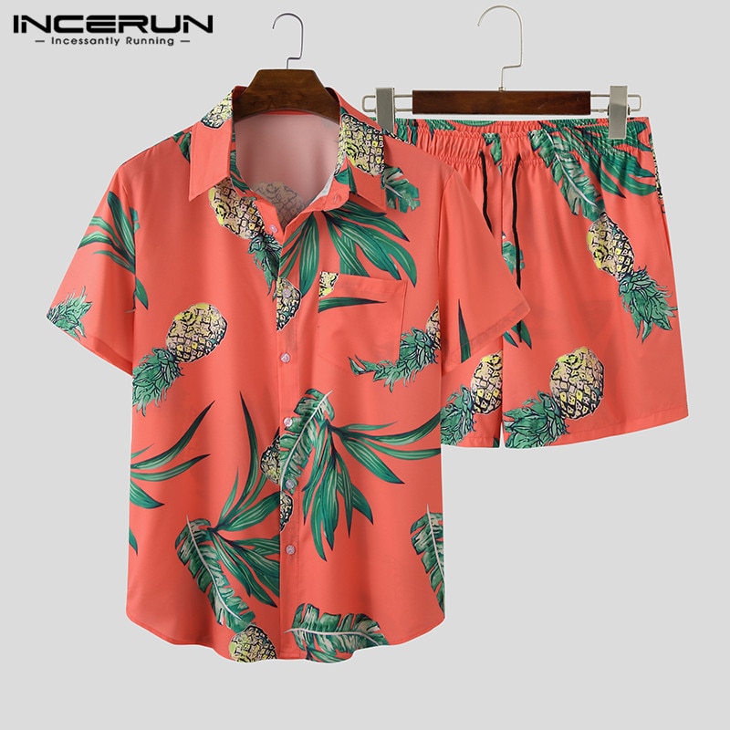 Incerun conjunto masculino de verão, estampado com manga curta na lapela, praia de 2020, camisa para férias, shorts casuais, havaiano, 2 peças, streetwear