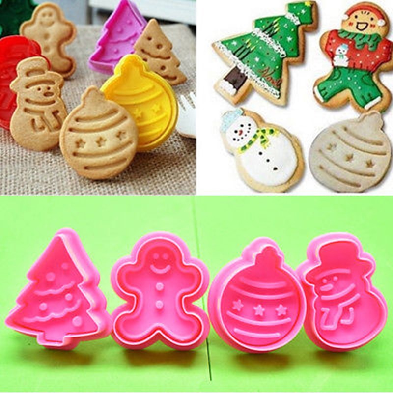 4 stks/set Food Grade Plastic Kerst cookie cutter, Keuken Bakken Tools, Plunger Stempel Sterven Fondant Cake Decorating Gereedschap