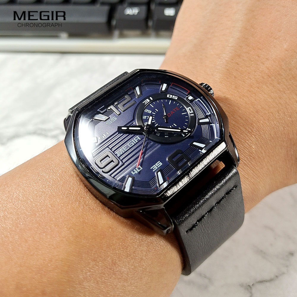 Megir casual sportsure til mænd quartz ur med læderrem og automatisk dato, lysende visere, vandtæt ottekantet armbåndsur med 2201