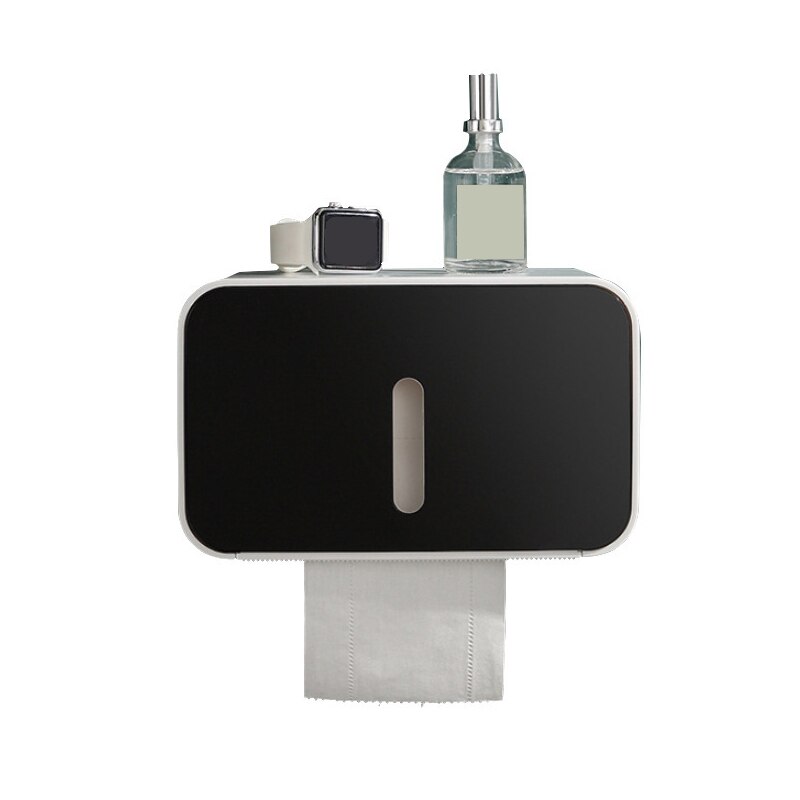 Caja de papel en rollo multifunción, soporte de papel higiénico sin perforaciones, Caja de papel higiénico de pared, impermeable, portarrollos de papel: Black