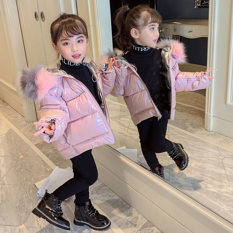Piger dunjakke baby varm skinnende frakke to sidetøj børns vinterjakke piger lyserød pels hætteklædte outwear  tz583