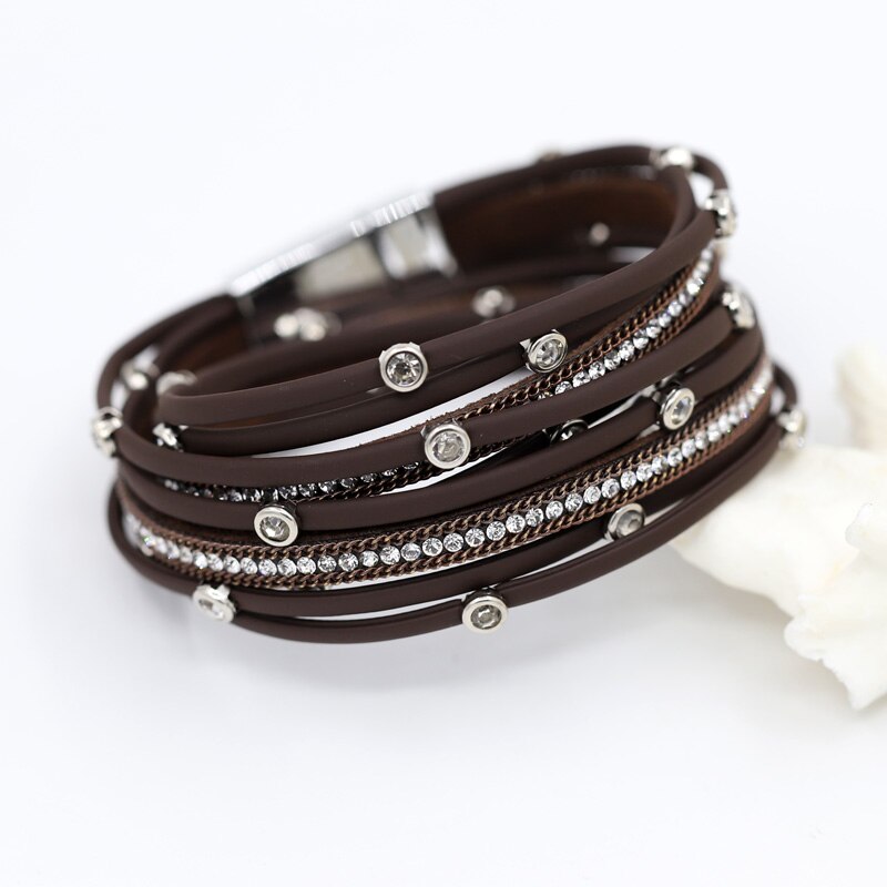 Mode Vrouwen Lederen Armband Multilayer Touw Cirkel Handgemaakte Ingelegd Rhinestone Magneet Sluiting Bangle Armbanden Zomer Sieraden