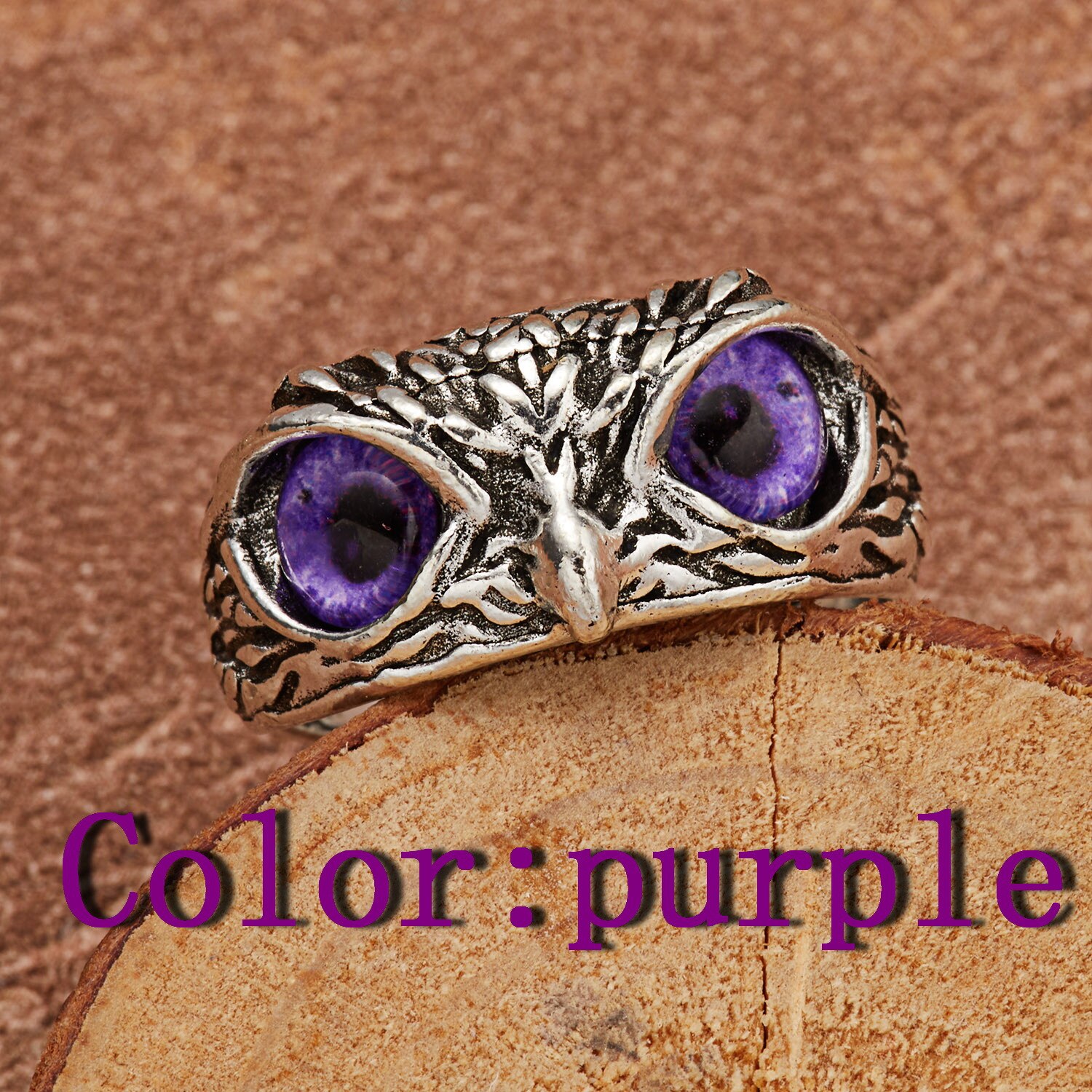 Anillo de búho Retro Para hombre y mujer, accesorio ajustable, de Color plateado antiguo, animales, joyería de ojos azules,: Purple