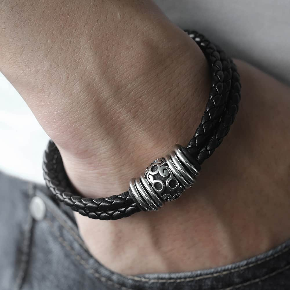 Pulsera de piel trenzada para hombre, brazalete único de piel trenzada multicapa, de acero inoxidable, cierre magnético, , DLB104: DLB105