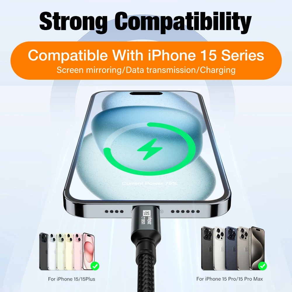 Cordon de données vidéo USB 3.2 type-c Gen2 20Gbps 8K @ 60Hz pour TV PC ordinateur portable, câble USB C PD 100W pour Macbook iPad iPhone 15 Pro Max