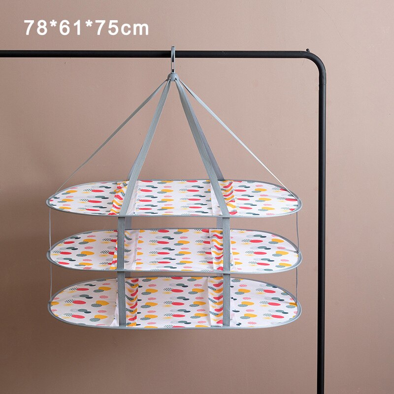 Enlarged Foldable Drying Nets Windproof Hook Steel Ring Multi-layer Clothes Basket Underwear Sweater Cloth Dry Rack Mesh Hanger: Oval-Three-layer