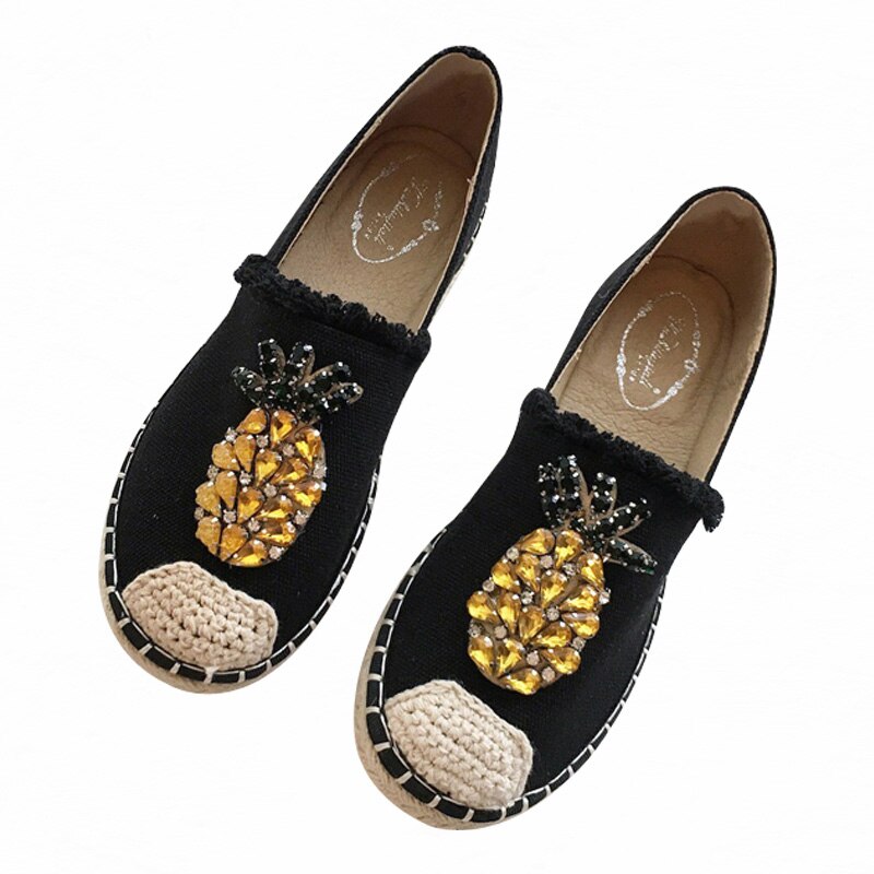 Nouvelles femmes Espadrilles chaussures plates cristal ananas chanvre pêcheur chaussures dames strass mocassins sans lacet chaussures simples S