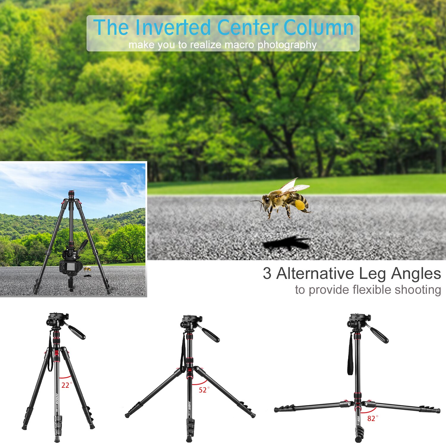 Andoer – trépied monopode 2 en 1, trépied de photographie en alliage d'aluminium, tête sphérique rotative de 200cm, charge de 5kg pour appareils photo DSLR