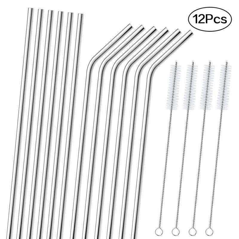 Reusable12 Pcs Rietje Rvs Lange 9.05 ''Metal Stro Met Cleaner Brush Hotel Coffeetea Metalen Gebogen Stro: Default Title