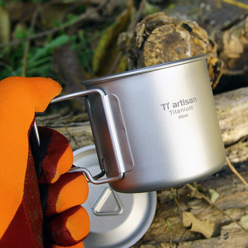 Tiartisan 350ml Titanium Cup Outdoor Camping Water Cup Tea Coffee Mug Foldable Handle Drinking Mugs Lightweight 85g Ta8303