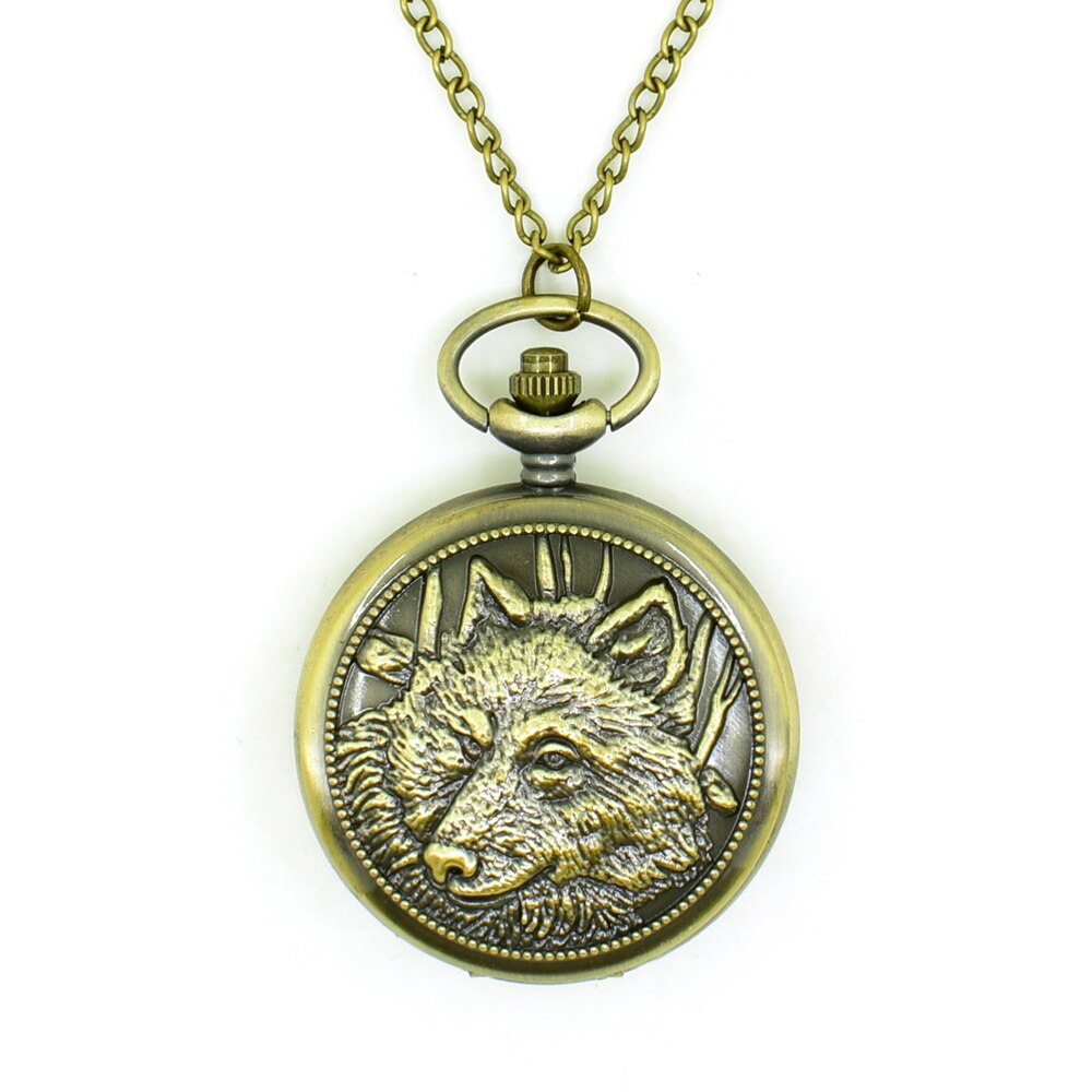 Cool Wolf Pocket Watch Vintage Retro Men Pocket Watch Emboss Round Bronze Alloy Quartz Dial Arabic Pocketwatch With chain