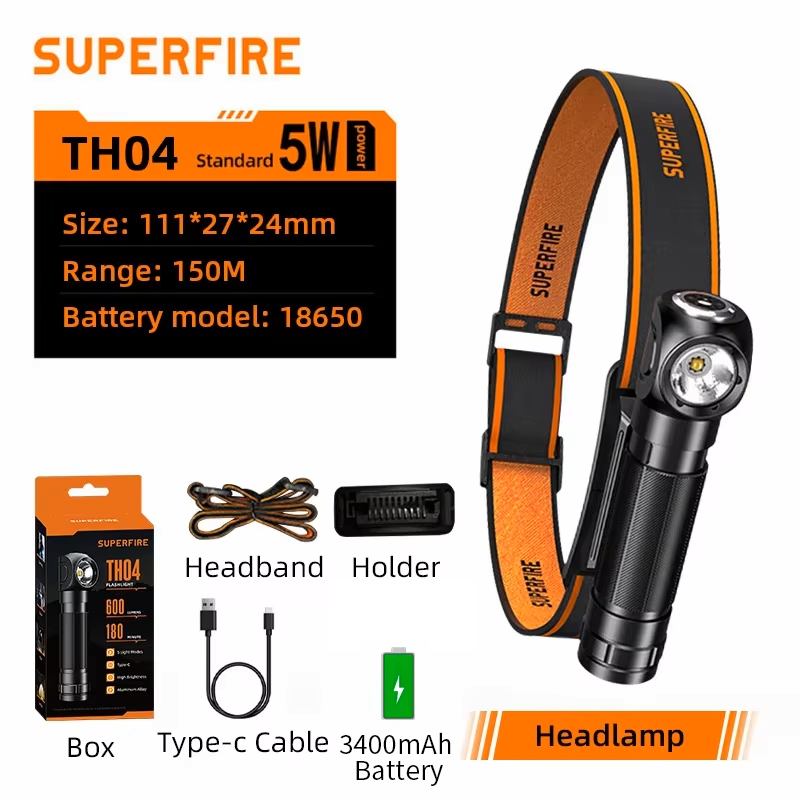 SUPERFIRE TH04-S Stirnlampe 1200 lm, superhell, USB-C, wiederaufladbar, 90 ° Verstellbare Kopf-Taschenlampe, LED-Scheinwerfer mit magnetischem Schwanz: Kaltes Weiß
