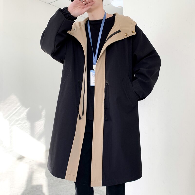 Trenchcoat Heren Mode Overjas Mannen Casual Slim Fit Windbreaker Solid Lange Jas Mannelijke Herfst Homme Zwart/Kaki