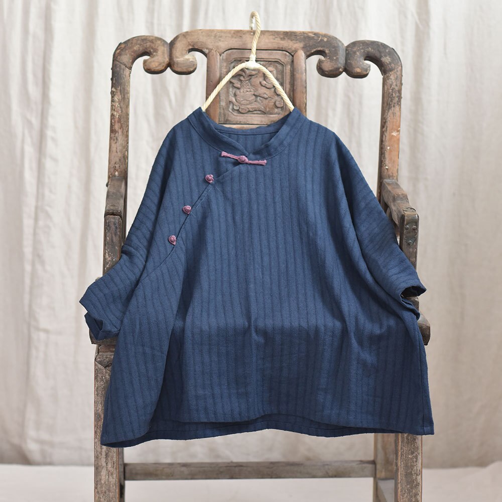 Women Loose Cotton Linen Striped Blouse Tops Female Summer Autumn Stripes Shirt Blouses Ladies Stand Collar Shirt: Navy Blue