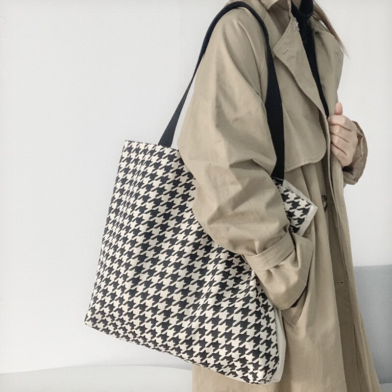 Houndstooth Patroon Vrouwen Canvas Boodschappentassen Retro Alle-Wedstrijd Dames Grote Schoudertas Eenvoudige Vrouwelijke Dagelijkse Toevallige Tote Handtas