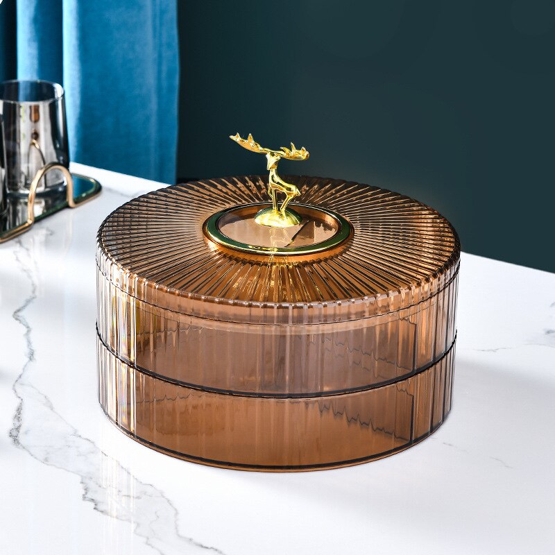 Transparent Candy and Nut Storage Container Luxury Snack Serving Tray with Lid Plastic Dry Fruit Dishes Parties Appetizer Dishes: 2 Tiers Brown