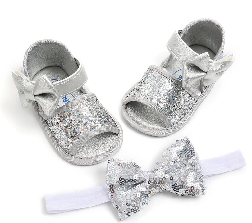 Verão praia princesa estilo meninas sapatos de bebê crianças bling couro do plutônio bonito arco sola macia sandálias casuais e bandana