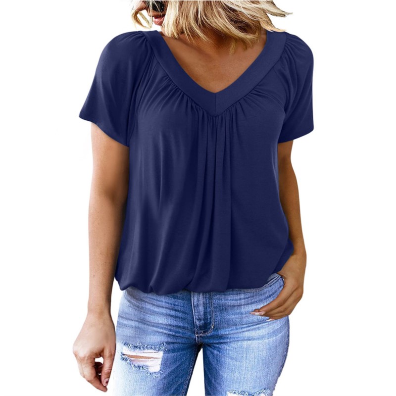 Summer TK Women's V-neck Folded Loose Short Sleeve Solid Color T-shirt Women's Top Comfortable, Casual and Versatile
