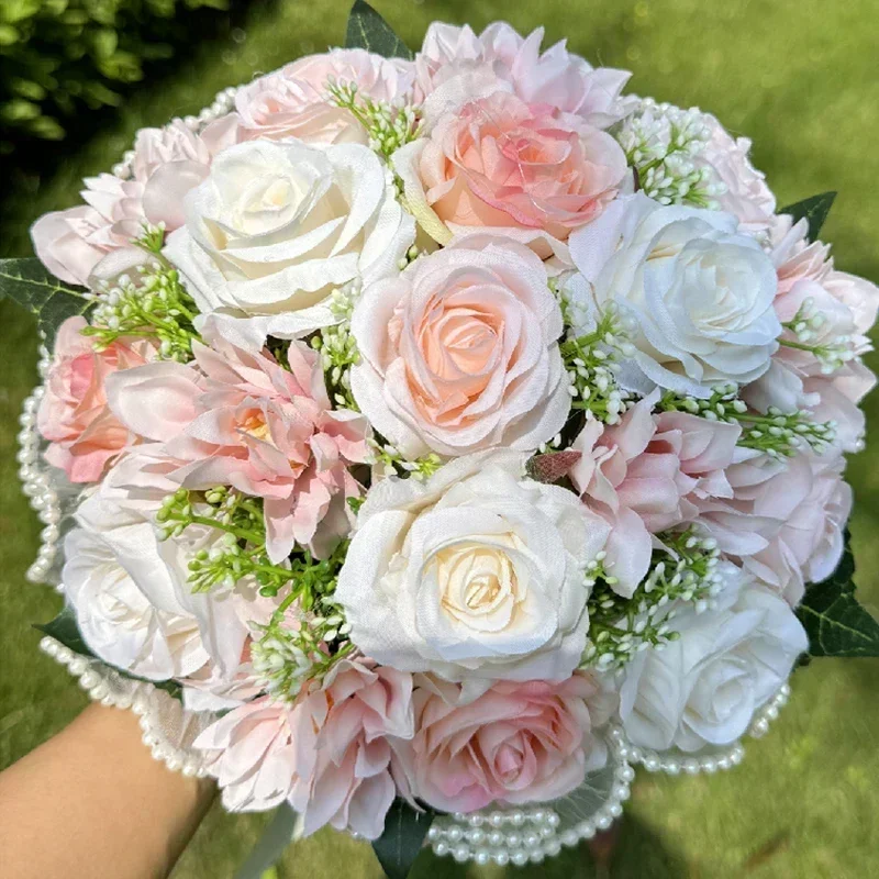 1pc buquês de casamento rosa para noiva, buquês brancos para noiva dama de honra decoração do dia dos namorados pérola renda malha rosa flor