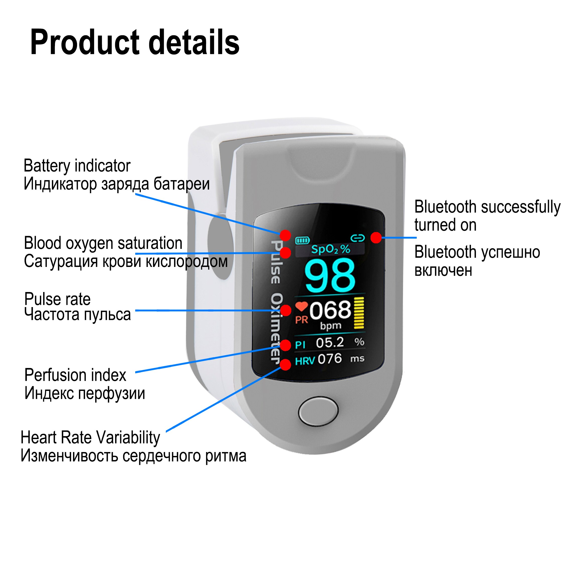 pulsioximetro saturometro de oxigeno oximetro de pulso dedo Bluetooth 5,1 detección HRV pulso de la yema del dedo oxímetro Spo2 OLED oxímetro