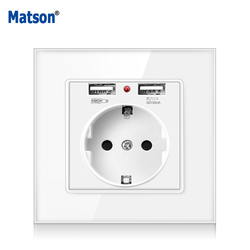 Matson Wall USB Power Socket, Many style Panel, Bedroom socket,AC 110V-250V 16A Wall Embedded, Double usb EU Standard Outlet: German white USB