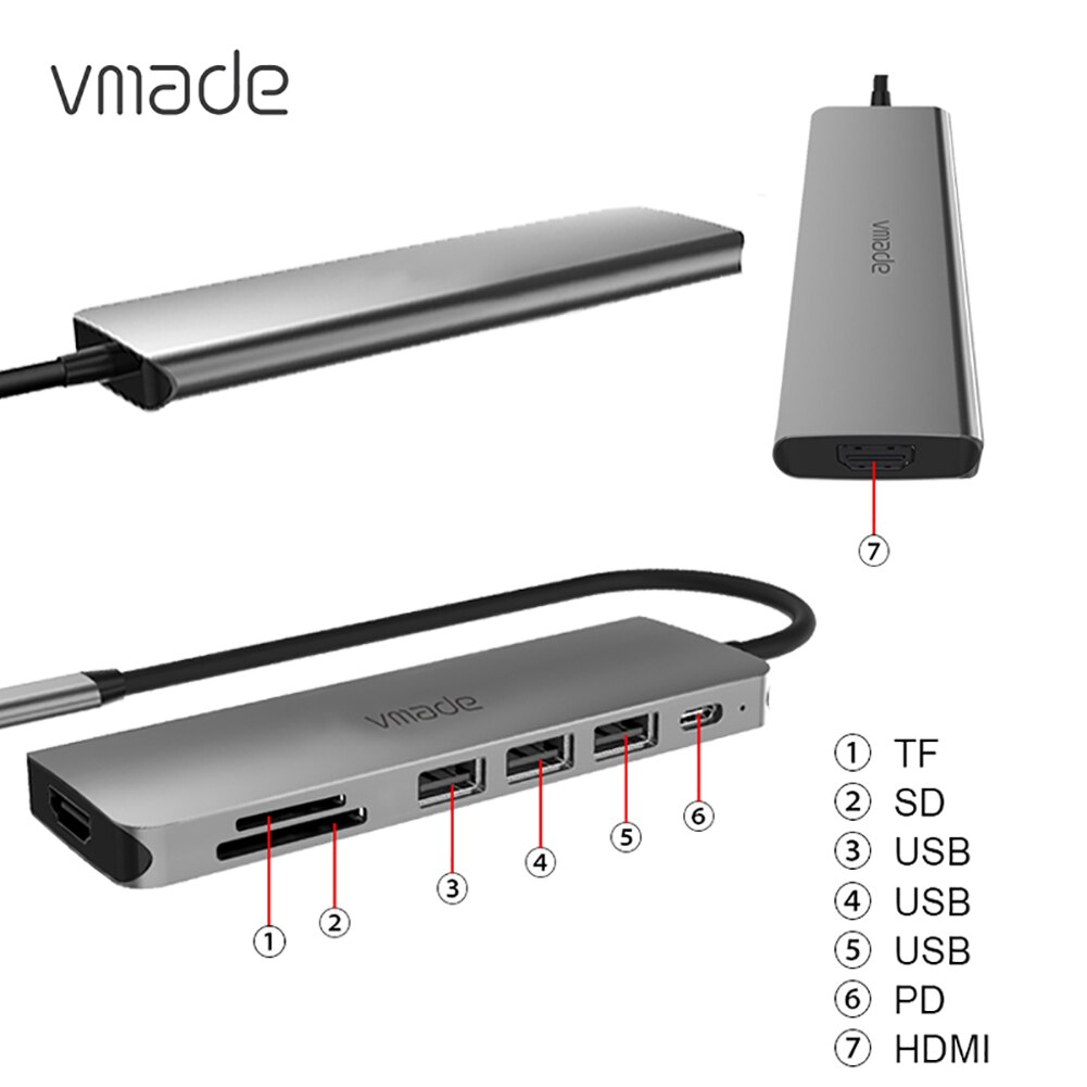 Vmade-concentrador de red USB tipo C CB013A a Multi USB 3,0 HDMI, adaptador Dock para MacBook Pro, Huawei Mate 30 USB-C 3,1, Puerto divisor tipo C