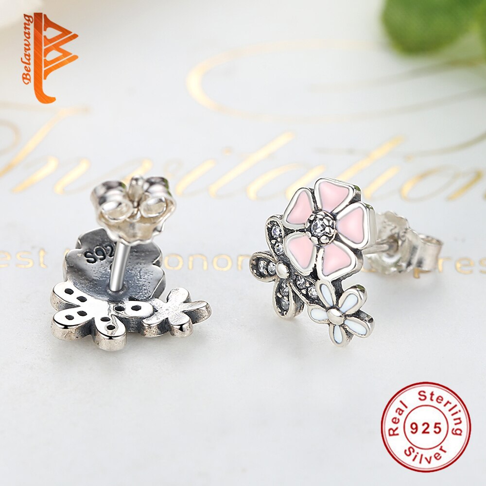 BELAWANG 925 Sterling Zilver Daisy Blossom Stud Oorbellen voor Vrouwen Roze Enamel Crystal Flower Oorbellen Moederdag Sieraden