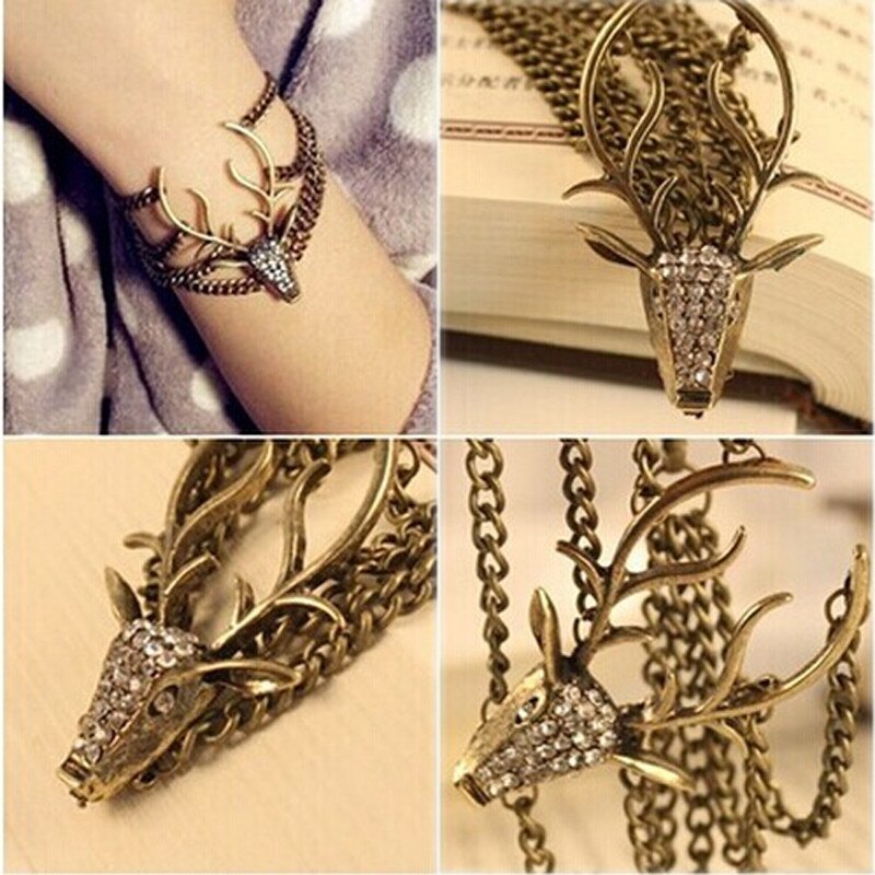 Pulsera de cabeza de ciervo estilo Retro Vintage, pulsera para Mujer, joyería, para Mujer, Pulseras #4j04
