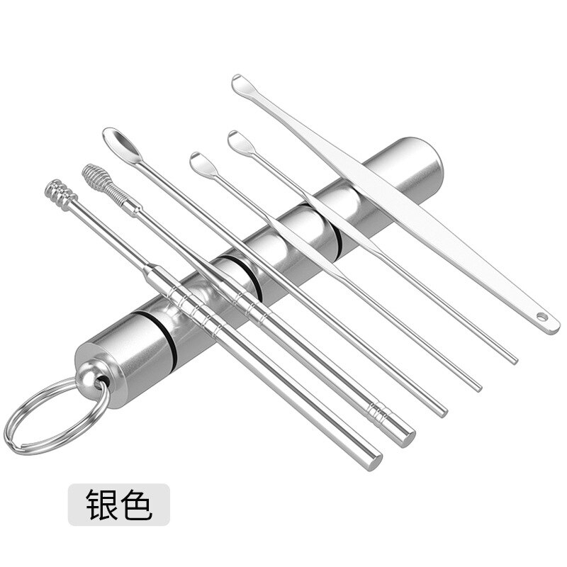 Öronpetare i rostfritt stål bärbar öronpetare 6 delar set öronrengörare dubbelfjäder öronplockningsverktyg öronvax borttagningsverktyg öronvård: Es2- silver tk -6 st