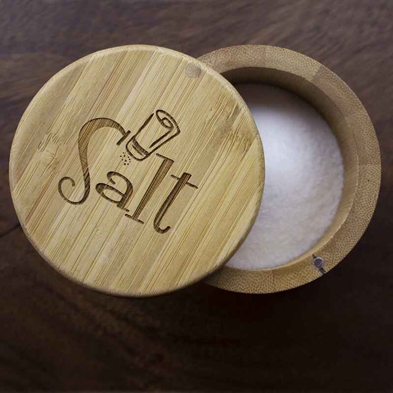 -Salt Box,Bamboo Salt Bamboo Storage Box With Magnetic Swivel Lid, Salt Engraved On Lid Storage Box