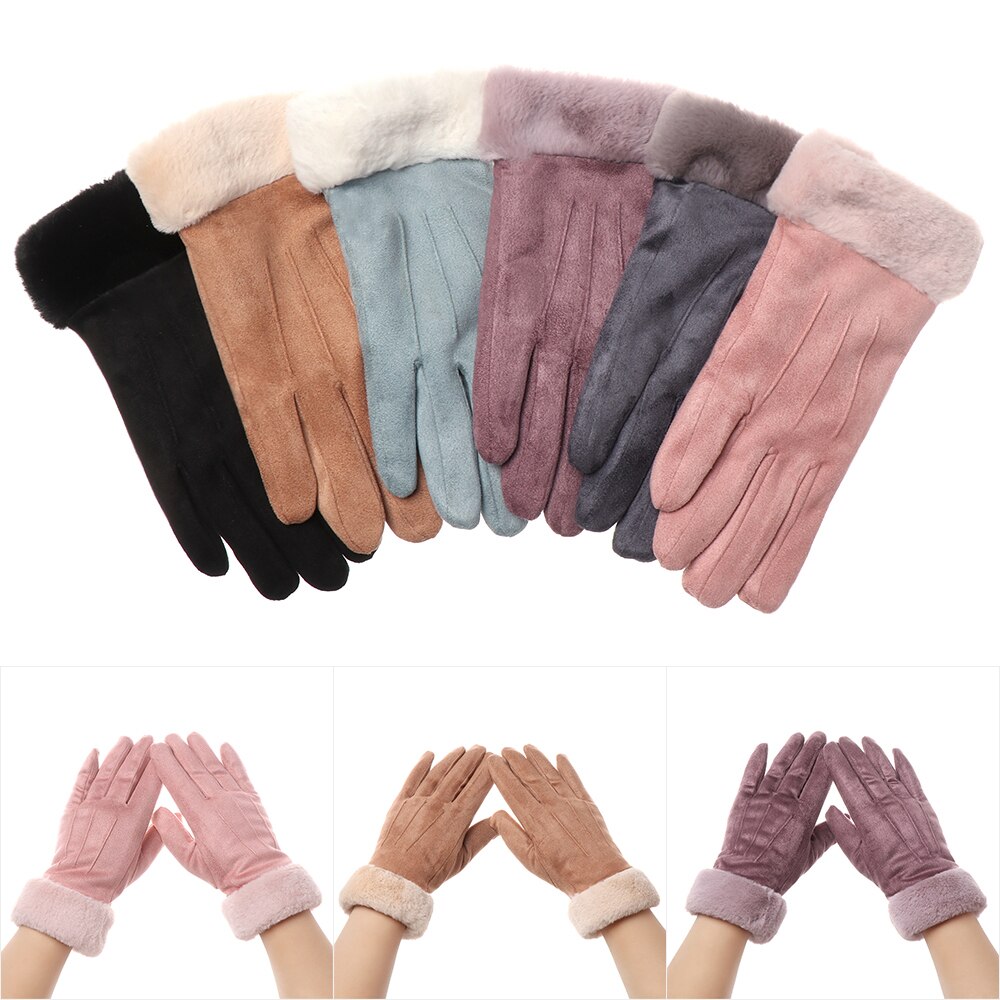 Winter Gloves Cute Furry Warm Gloves with Full Fingers Outdoor Sport Plus Velvet Touch Screen Gloves Driving Gloves