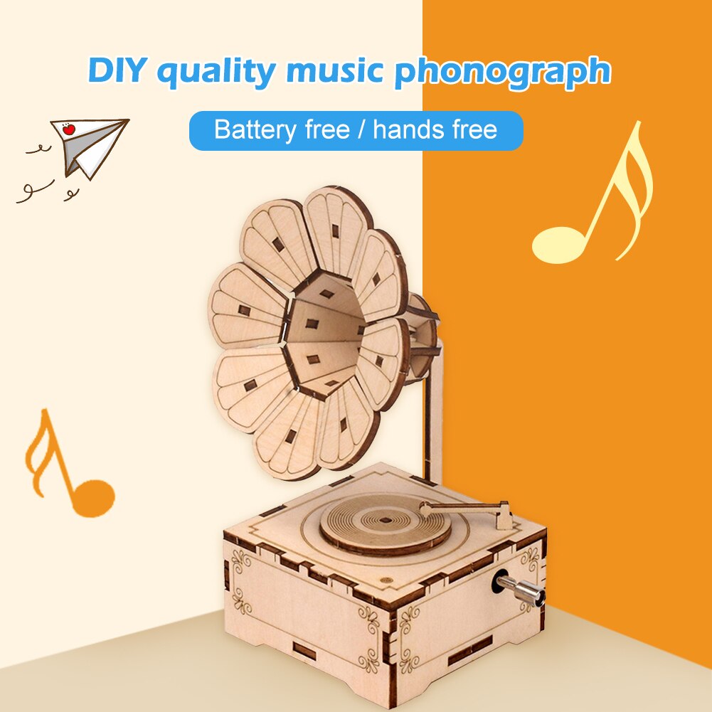 1Set DIY Hand Cranked Wood phonograph ramophone Music Box Wooden puzzle Handmade assembled children's YJN