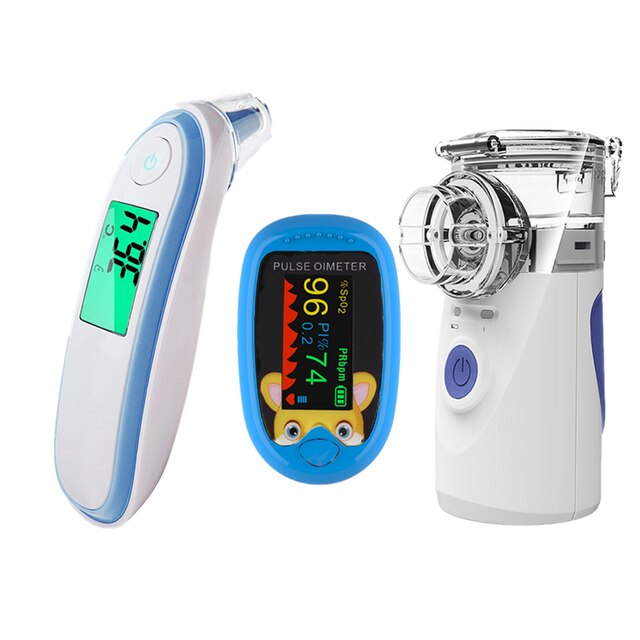 Oxímetro de dedo recargable para bebé, termómetro infrarrojo digital, Mini inhalador silencioso portátil, nebulizador: Blue  blue blue