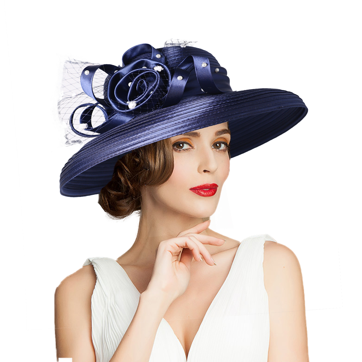 Fs kentucky derby-hattar med brett brätte, marinblå slöja, blommig kyrkhatt för kvinnor, sommartebjudningshatt, fascinatorkeps, feminin hatt