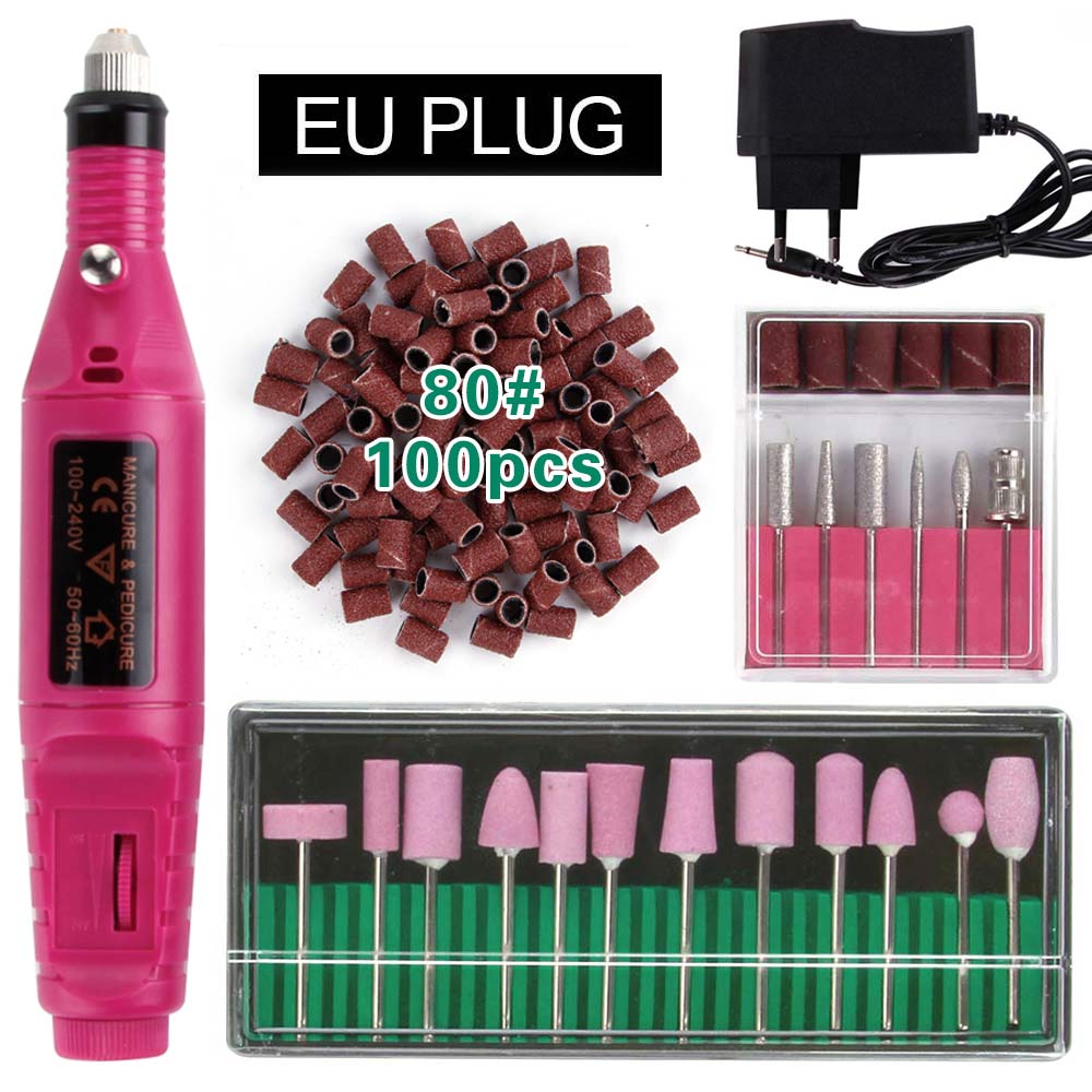 Elektryczne aparaty do Manicure urządzenie do Pedicure kwarcowe wiertła do paznokci 100Pc szlifowanie taśmy szlifierskie pilnik do paznokci bufor żel usuń: Rose EU Plug 80