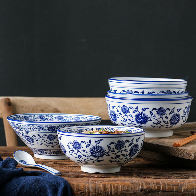 Blue and White Porcelain Hat Soup Bowl Ceramic Chinese Tableware Household Ramen Bowl Restaurant Large Instant Noodle Bowl