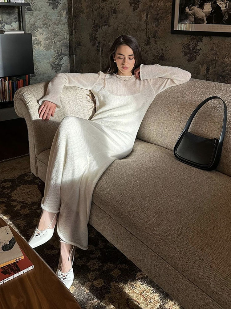 Forår efterår o-hals elastisk strik lange kjoler kvinder chic blød dame udhulende sweaterkjoler femme