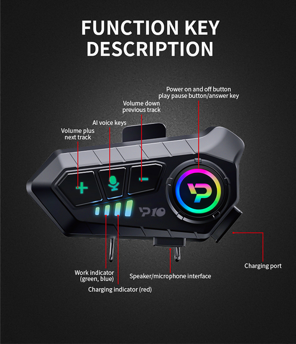 Y10 Bluetooth Motorrad Helm Headset Drahtlose IPX6 Wasserdichte Rauschunterdrückung Kopfhörer Super Lange bereithalten-Freisprecheinrichtung Kopfhörer