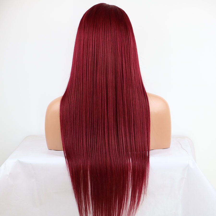 Long Deep Red Natural Straight Cosplay&Drag Queen Make Up Heat Resistant Fiber Hair Synthetic Lace Front Wigs for Women Daily