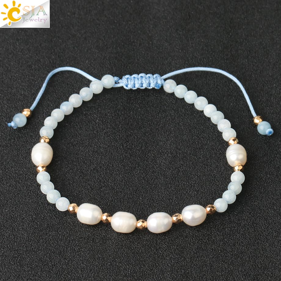 Csja Strand Armband 4 Mm Natuursteen Witte Parel Kristal Kralen Verstelbare Gevlochten Armbanden Voor Vrouwen Mannen Healing Sieraden G482: Aquamarine