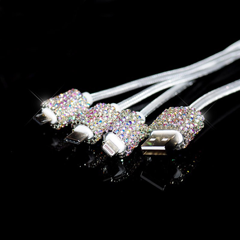 Diamond crystal 3 in 1 usb-kabel for iphone ladelader datakabel type c type-c mikro usb-kabel for samsung xiaomi wire: Ab farge