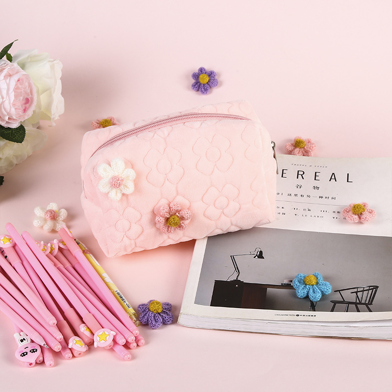 Borsa cosmetica di bellezza per donna moda ragazza Kawaii fiore cosmetici morbidi borse per trucco organizzatore multifunzione per astucci per studenti: Pink