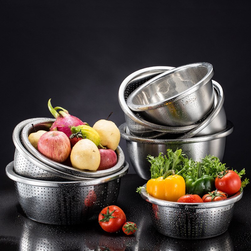 Stainless Steel Rice Sieve Washing Vegetables Basin Drain Basket Salad Egg Mixing Bowls Set Soup Basin Strainer Kitchen Utensils
