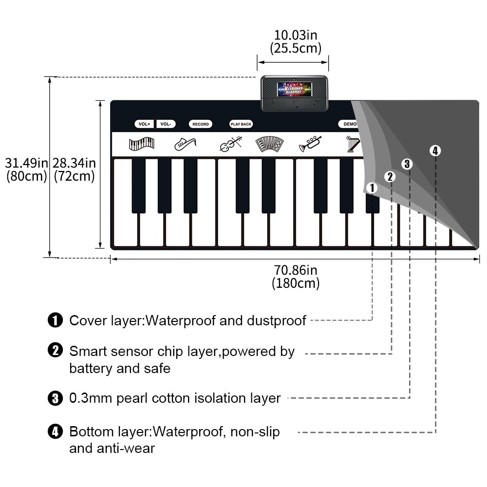 180 x 72cm elektronisk musikalsk tæppe sort og hvidt tastatur børn, der spiller klavermåtte baby legemåtte tæppe tidligt undervisningslegetøj